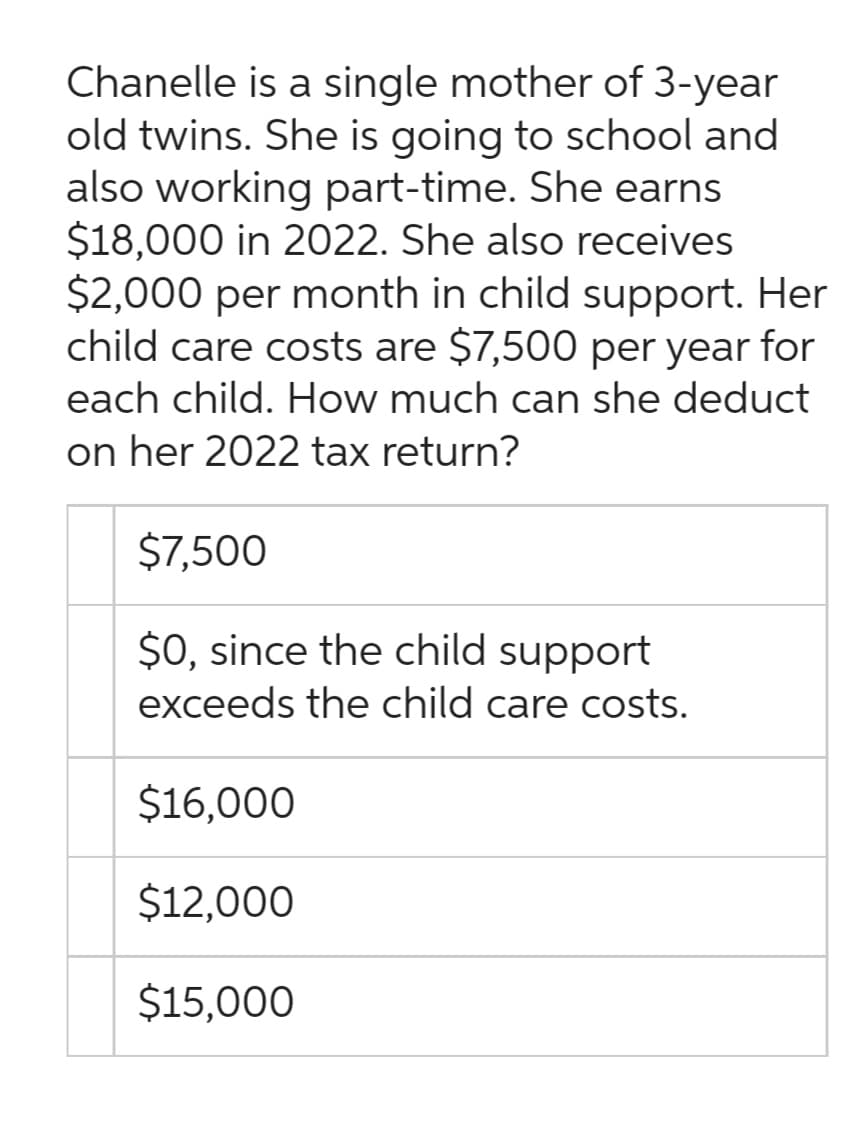 Chanelle is a single mother of 3-year
old twins. She is going to school and
also working part-time. She earns
$18,000 in 2022. She also receives
$2,000 per month in child support. Her
child care costs are $7,500 per year for
each child. How much can she deduct
on her 2022 tax return?
$7,500
$0, since the child support
exceeds the child care costs.
$16,000
$12,000
$15,000