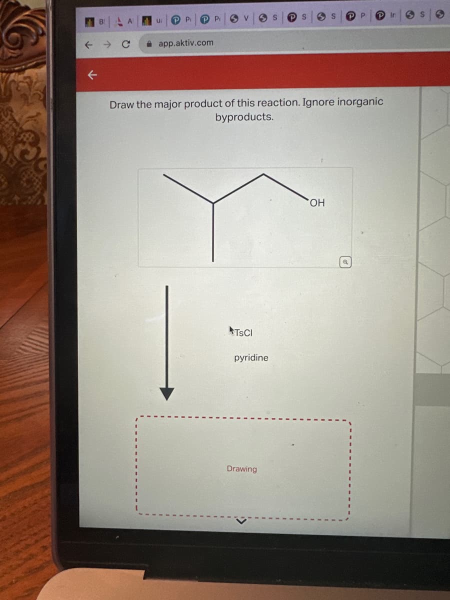 B
个
A
← C
U
Pi
P P SV
app.aktiv.com
TSCI
Draw the major product of this reaction. Ignore inorganic
byproducts.
pyridine
S
Drawing
PS
OH
Q
Ir
3 S