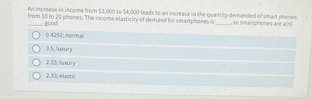 An increase in income from $3,000 to $4,000 leads to an increase in the quantity demanded of smart phones
from 10 to 20 phones. The income elasticity of demand for smartphones is
so smartphones are a(n)
good.
0.4292; normal
3.5; luxury
2.33; luxury
2.33; elastic