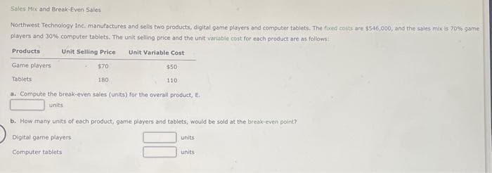 Sales Mix and Break-Even Sales
Northwest Technology Inc. manufactures and sells two products, digital game players and computer tablets. The fixed costs are $546,000, and the sales mix is 70% game
players and 30% computer tablets. The unit selling price and the unit variable cost for each product are as follows:
Products
Unit Selling Price
Unit Variable Cost
Game players
Tablets
$70
180
$50
110
a. Compute the break-even sales (units) for the overall product, E.
units
b. How many units of each product, game players and tablets, would be sold at the break-even point?
Digital game players
Computer tablets
units
units