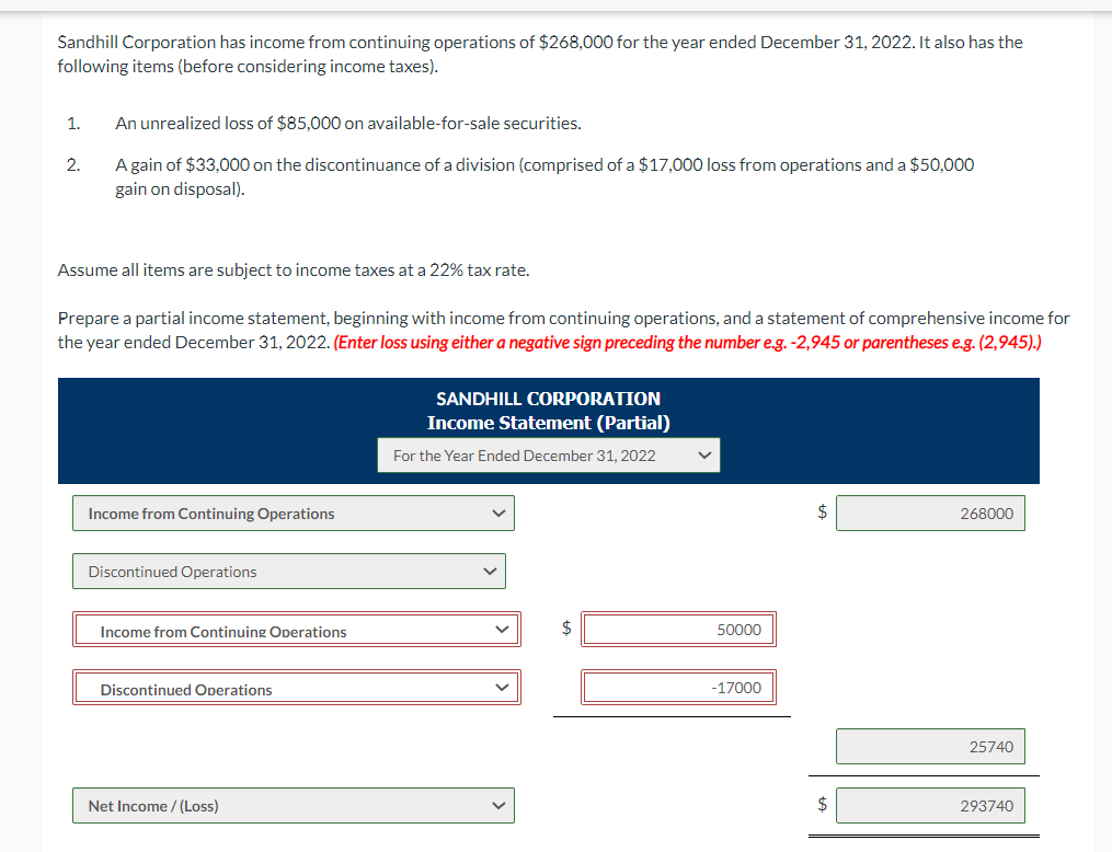 Sandhill Corporation has income from continuing operations of $268,000 for the year ended December 31, 2022. It also has the
following items (before considering income taxes).
1.
2.
An unrealized loss of $85,000 on available-for-sale securities.
A gain of $33,000 on the discontinuance of a division (comprised of a $17,000 loss from operations and a $50,000
gain on disposal).
Assume all items are subject to income taxes at a 22% tax rate.
Prepare a partial income statement, beginning with income from continuing operations, and a statement of comprehensive income for
the year ended December 31, 2022. (Enter loss using either a negative sign preceding the number e.g. -2,945 or parentheses e.g. (2,945).)
Income from Continuing Operations
Discontinued Operations
Income from Continuing Operations
Discontinued Operations
Net Income /(Loss)
SANDHILL CORPORATION
Income Statement (Partial)
For the Year Ended December 31, 2022
V
50000
-17000
$
268000
25740
293740