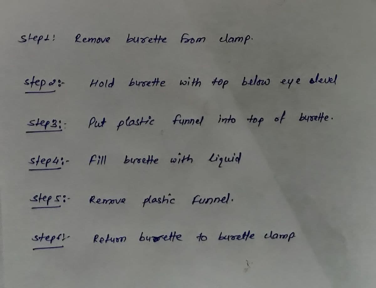 stepd!
Remove
burette From clamp.
step a:-
Hold burrette with top below eye olevel
step3::
Put plastic fynnel into top of byselte.
step4:-
Fll
bursette with
iquid
steps:-
Remove
plashic funnel.
steps!
Returm buzrette to burette clamp
