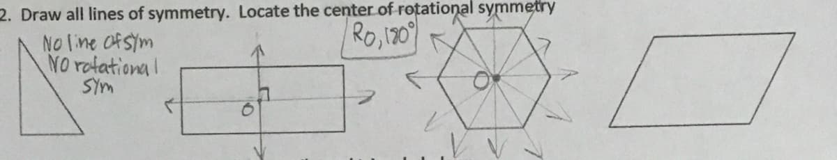 2. Draw all lines of symmetry. Locate the center of rotational symmetry
Ro,120
No line Ofsym
NO rotational
SYm
