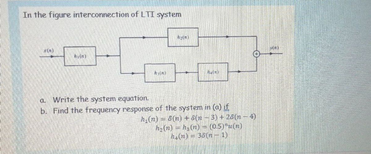 In the figure interconnection of LTI system
x(n)
hi(n)
Write the system equation.
b. Find the frequency response of the system in (a) if
a.
h(n) = 8(n) + 8(n-3) + 25(n -4)
h2(n) = h3(n) = (0.5)"u(n)
!!
