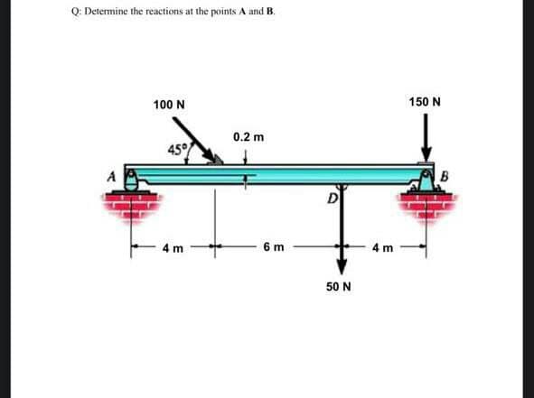 Q: Đetermine the reactions at the points A and B.
100 N
150 N
0.2 m
45°
B
D
4 m
6 m
4 m
50 N
