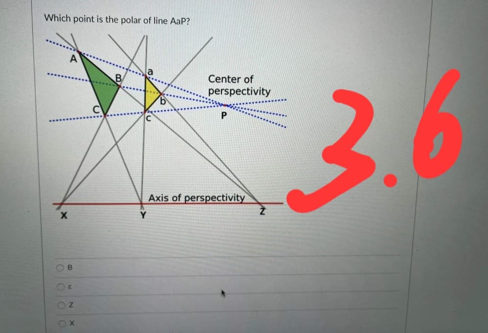 Which point is the polar of line AaP?
Center of
3.6
perspectivity
Axis of perspectivity
Y
O Z
