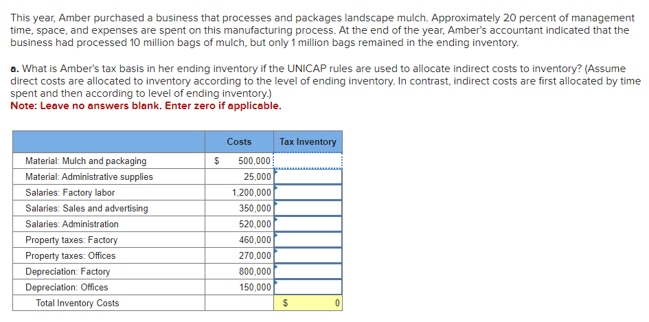 This year, Amber purchased a business that processes and packages landscape mulch. Approximately 20 percent of management
time, space, and expenses are spent on this manufacturing process. At the end of the year, Amber's accountant indicated that the
business had processed 10 million bags of mulch, but only 1 million bags remained in the ending inventory.
a. What is Amber's tax basis in her ending inventory if the UNICAP rules are used to allocate indirect costs to inventory? (Assume
direct costs are allocated to inventory according to the level of ending inventory. In contrast, indirect costs are first allocated by time
spent and then according to level of ending inventory.)
Note: Leave no answers blank. Enter zero if applicable.
Material: Mulch and packaging
Material: Administrative supplies
Salaries: Factory labor
Salaries: Sales and advertising
Salaries: Administration
Property taxes: Factory
Property taxes: Offices
Depreciation: Factory
Depreciation: Offices
Total Inventory Costs
$
Costs
500,000
25,000
1,200,000
350,000
520,000
460,000
270,000
800,000
150,000
Tax Inventory
$
