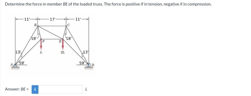 Determine the force in member BE of the loaded truss. The force is positive if in tension, negative if in compression.
B.
क
L
A
13
59
114
Answer: BE=
18°
17"
C
18
E
2L
11'
13
59
L