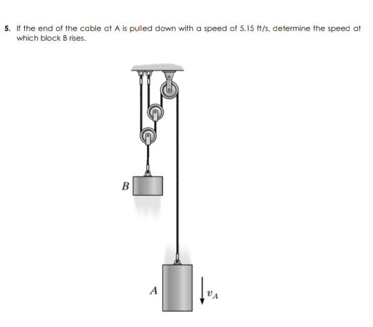 5. If the end of the cable at A is pulled down with a speed of 5.15 ft/s, determine the speed at
which block B rises.
B
A
