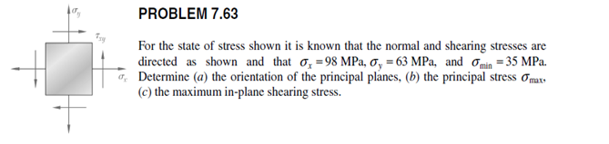 PROBLEM 7.63
For the state of stress shown it is known that the normal and shearing stresses are
directed as shown and that o, =98 MPa, ơ, = 63 MPa, and omin = 35 MPa.
. Determine (a) the orientation of the principal planes, (b) the principal stress Omaxs
(c) the maximum in-plane shearing stress.
