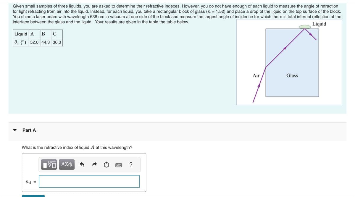 Given small samples of three liquids, you are asked to determine their refractive indexes. However, you do not have enough of each liquid to measure the angle of refraction
for light refracting from air into the liquid. Instead, for each liquid, you take a rectangular block of glass (n = 1.52) and place a drop of the liquid on the top surface of the block.
You shine a laser beam with wavelength 638 nm in vacuum at one side of the block and measure the largest angle of incidence for which there is total internal reflection at the
interface between the glass and the liquid . Your results are given in the table the table below.
Liquid
Liquid A B C
la () 52.0 44.3 36.3
Part A
What is the refractive index of liquid A at this wavelength?
nA =
VE ΑΣΦ
?
Air
Glass