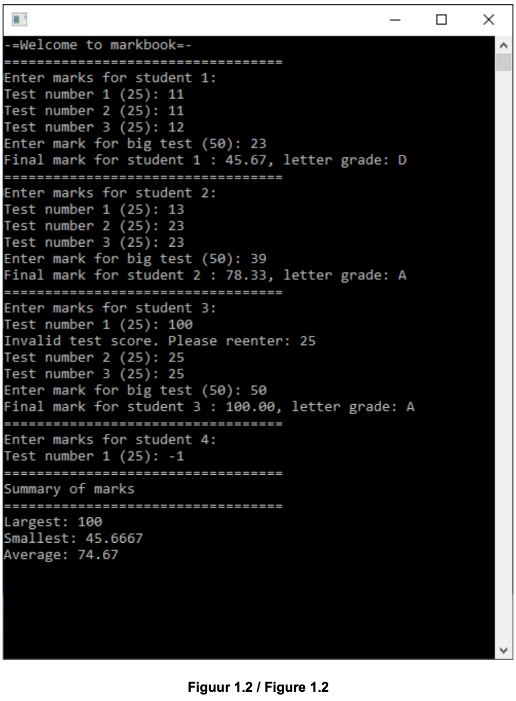 -=Welcome to markbook=-
Enter marks for student 1:
Test number 1 (25): 11
Test number 2 (25): 11
Test number 3 (25): 12
Enter mark for big test (50): 23
Final mark for student 1: 45.67, letter grade: D
Enter marks for student 2:
Test number 1 (25): 13
Test number 2 (25): 23
Test number 3 (25): 23
Enter mark for big test (50): 39
Final mark for student 2 : 78.33, letter grade: A
=======:
====
Enter marks for student 3:
Test number 1 (25): 100
Invalid test score. Please reenter: 25
Test number 2 (25): 25
Test number 3 (25): 25
Enter mark for big test (50): 50
Final mark for student 3: 100.00, letter grade: A
=======:
==
Enter marks for student 4:
Test number 1 (25): -1
========
=======
Summary of marks
===
=======
Largest: 100
Smallest: 45.6667
Average: 74.67
Figuur 1.2 / Figure 1.2
