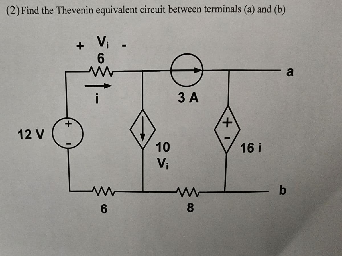 (2) Find the Thevenin equivalent circuit between terminals (a) and (b)
12 V
+
+ Vi
V₁.
6
www
www
6
10
V₁
3 A
8
+
16 i
- a
- b