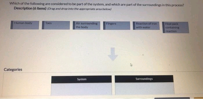 Which of the following are considered to be part of the system, and which are part of the surroundings in this process?
Description (6 items) (Drag and drop into the appropriate area below)
Human body
Categories
Toes
Air surrounding
the body
System
Fingers
Reaction of iron
with water
Surroundings
Heat pack
containing
reaction