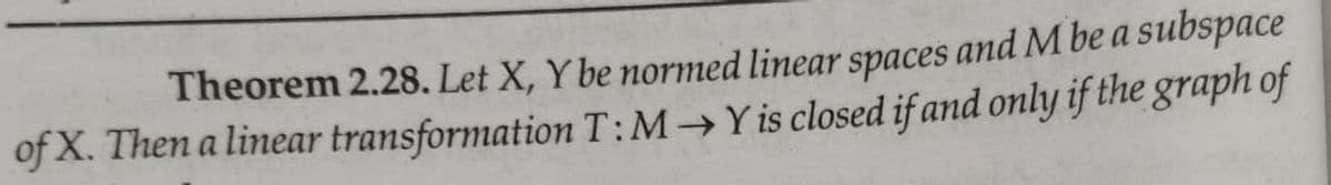 Theorem 2.28. Let X, Y be normed linear spaces and M be a subspace
of X. Then a linear transformation T:M→Y is closed if and only if the graph of
