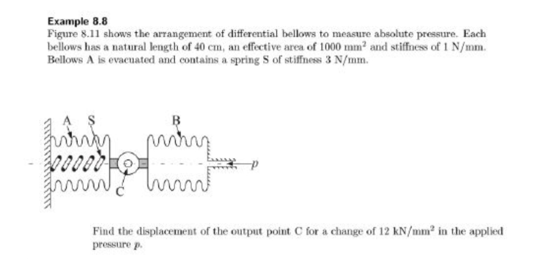 Example 8.8
Figure 8.11 shows the arrangement of differential bellows to measure absolute pressure. Each
bellows has a natural length of 40 cm, an effective area of 1000 mm2 and stiffness of 1 N/mm.
Bellows A is evacuated and contains a spring S of stiffness 3 N/mm.
B
Find the displacement of the output point C for a change of 12 kN/mm? in the applied
pressure p.
