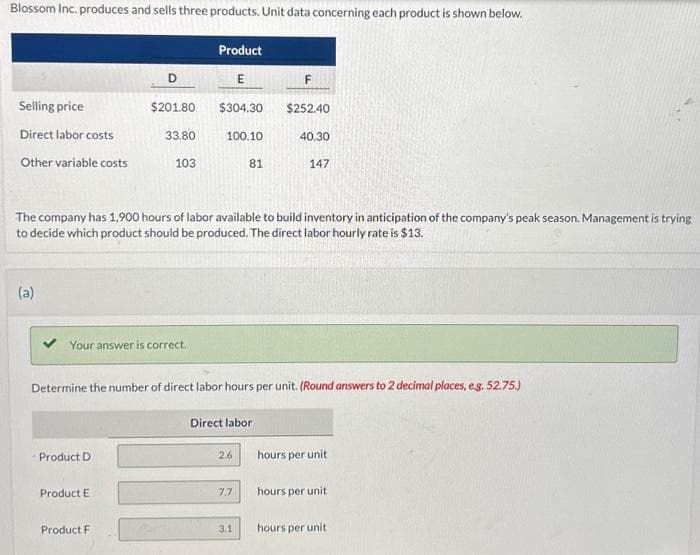 Blossom Inc. produces and sells three products. Unit data concerning each product is shown below.
Selling price
Direct labor costs
Other variable costs
(a)
D
Product D
$201.80
Product E
33.80
Your answer is correct.
Product F
103
Product
E
$304.30
The company has 1,900 hours of labor available to build inventory in anticipation of the company's peak season. Management is trying
to decide which product should be produced. The direct labor hourly rate is $13.
100.10
Determine the number of direct labor hours per unit. (Round answers to 2 decimal places, e.g. 52.75.)
81
Direct labor
2.6
7.7
F
3.1
$252.40
40.30
147
hours per unit
hours per unit
hours per unit