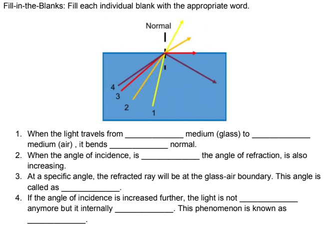 Fill-in-the-Blanks: Fill each individual blank with the appropriate word.
Normal
2
1
1. When the light travels from
medium (glass) to
medium (air), it bends
normal.
2. When the angle of incidence, is
the angle of refraction, is also
increasing.
3. At a specific angle, the refracted ray will be at the glass-air boundary. This angle is
called as
4. If the angle of incidence is increased further, the light is not
anymore but it internally
This phenomenon is known as
3