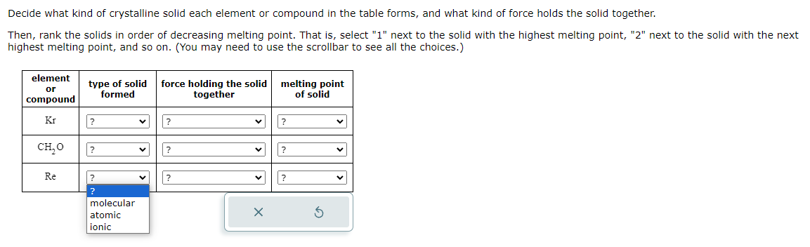 Decide what kind of crystalline solid each element or compound in the table forms, and what kind of force holds the solid together.
Then, rank the solids in order of decreasing melting point. That is, select "1" next to the solid with the highest melting point, "2" next to the solid with the next
highest melting point, and so on. (You may need to use the scrollbar to see all the choices.)
element
or
type of solid
formed
compound
force holding the solid
together
melting point
of solid
Kr
?
?
?
CH₂O
?
✓
?
Re
?
?
molecular
atomic
ionic
?
?
?