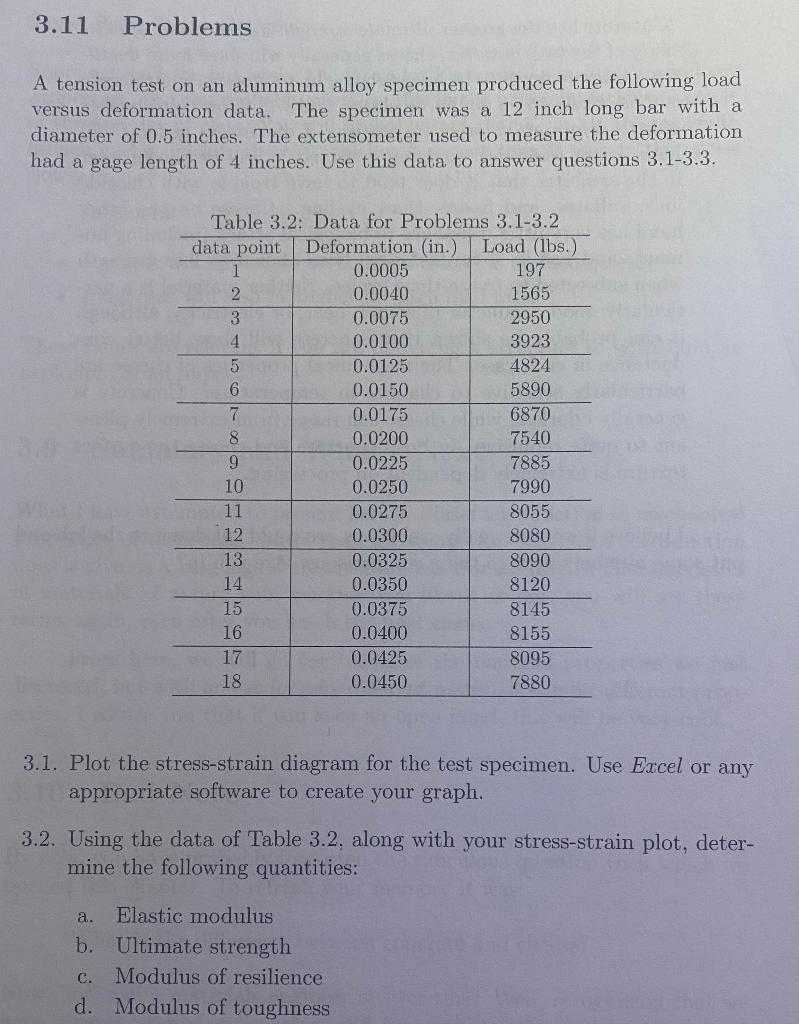 3.11 Problems
A tension test on an aluminum alloy specimen produced the following load
versus deformation data. The specimen was a 12 inch long bar with a
diameter of 0.5 inches. The extensometer used to measure the deformation
had a gage length of 4 inches. Use this data to answer questions 3.1-3.3.
Table 3.2: Data for Problems 3.1-3.2
data point Deformation (in.) Load (lbs.)
1
2
3
4
5
6
7
TEET600
8
10
11
12
13
14
15
16
171
18
ARIA
0.0005
0.0040
0.0075
0.0100
0.0125
0.0150
a. Elastic modulus
b. Ultimate strength
C.
Modulus of resilience
d. Modulus of toughness
0.0175
0.0200
0.0225
0.0250
0.0275
0.0300
0.0325
0.0350
0.0375
0.0400
0.0425
0.0450
197
1565
2950
3923
4824
5890
6870
7540
85
7990
8055
8080
8090
8120
8145
8155
8095
7880
3.1. Plot the stress-strain diagram for the test specimen. Use Excel or any
appropriate software to create your graph.
3.2. Using the data of Table 3.2, along with your stress-strain plot, deter-
mine the following quantities: