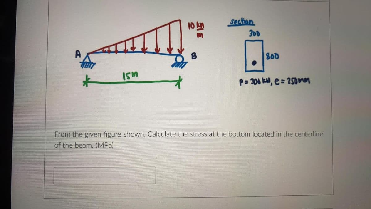 section
300
10
800
ISM
P= 300 ka, e = 250mom
From the given figure shown, Calculate the stress at the bottom located in the centerline
of the beam. (MPa)
