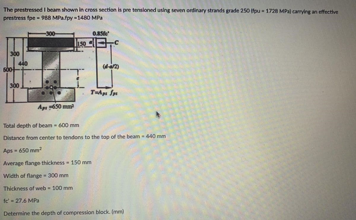 The prestressed I beam shown in cross section is pre tensioned using seven ordinary strands grade 250 (fpu 1728 MPa) carrying an effective
%3D
prestress fpe =988 MPa.fpy 1480 MPa
%3D
-300
0.8Sfc
150
300
440
600
(d-a/2)
300
T=Aps Sps
Aps 650 mm2
Total depth of beam = 600 mm
Distance from center to tendons to the top of the beam = 440 mm
Aps
= 650 mm?
Average flange thickness 150 mm
Width of flange 300 mm
!3!
Thickness of web 100 mm
fc' = 27.6 MPa
Determine the depth of compression block. (mm)
