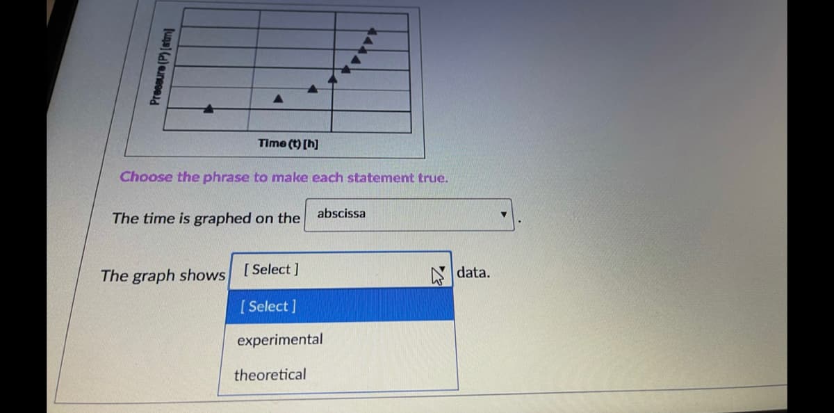 Time (t) [h]
Choose the phrase to make each statement true.
abscissa
The time is graphed on the
The graph shows
[ Select ]
data.
[ Select ]
experimental
theoretical
June) (a)eunesed
