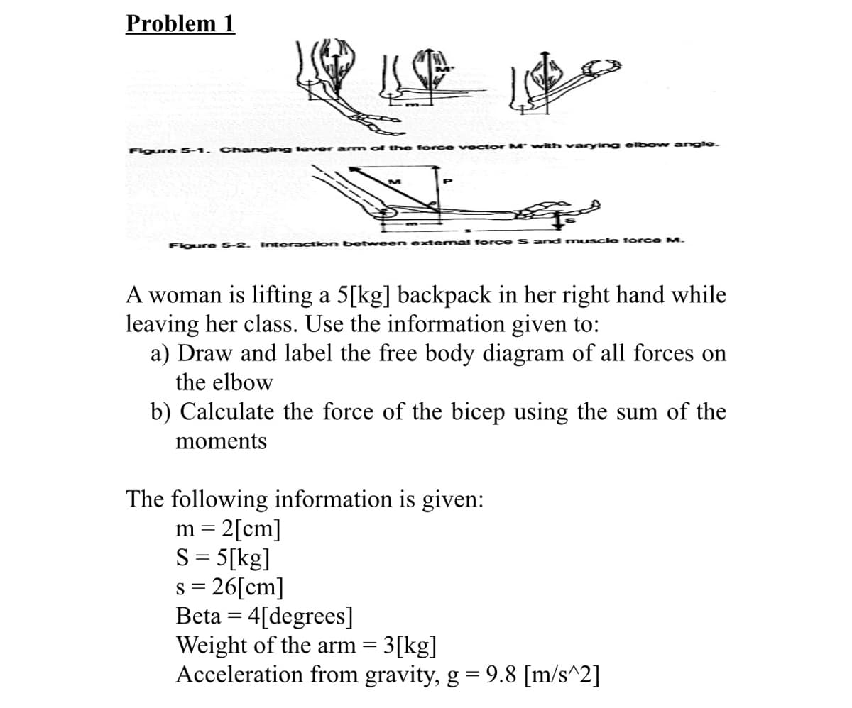 Problem 1
force vector M with varyin g elbo w angle.
Figure 5-1. Changing lever arm
Flgure 5-2. Interaction betw een extermal force Sand mu scle force M.
A woman is lifting a 5[kg] backpack in her right hand while
leaving her class. Use the information given to:
a) Draw and label the free body diagram of all forces on
the elbow
b) Calculate the force of the bicep using the sum of the
moments
The following information is given:
m = 2[cm]
S = 5[kg]
s = 26[cm]
Beta = 4[degrees]
Weight of the arm = 3[kg]
Acceleration from gravity, g = 9.8 [m/s^2]
||
