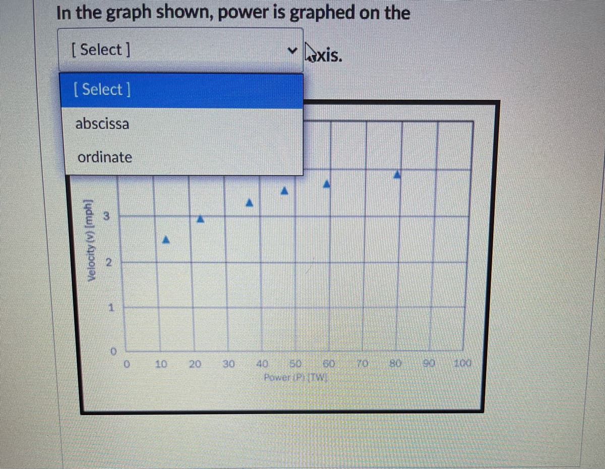 In the graph shown, power is graphed on the
[ Select ]
- Axis.
[ Select ]
abscissa
ordinate
40
50
GO
PoweriP)TWI
10
20
30
70
80
90
2.
