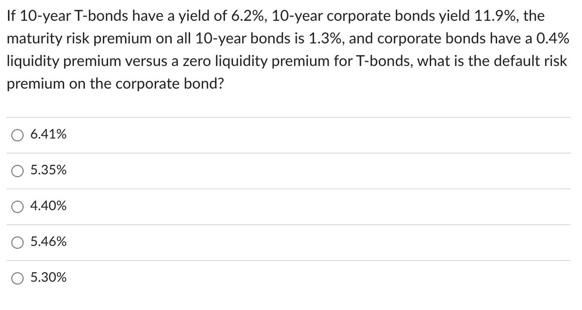 If 10-year T-bonds have a yield of 6.2%, 10-year corporate bonds yield 11.9%, the
maturity risk premium on all 10-year bonds is 1.3%, and corporate bonds have a 0.4%
liquidity premium versus a zero liquidity premium for T-bonds, what is the default risk
premium on the corporate bond?
6.41%
5.35%
4.40%
5.46%
5.30%