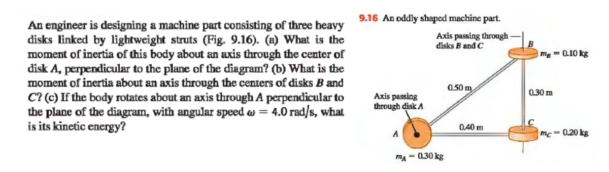 An engineer is designing a machine part consisting of three heavy
disks linked by lightweight struts (Fig. 9.16). (a) What is the
moment of inertia of this body about an axis through the center of
disk A, perpendicular to the plane of the diagram? (b) What is the
moment of inertia about an axis through the centers of disks B and
C? (c) If the body rotates about an axis through A perpendicular to
the plane of the diagram, with angular speed w = 4.0 rad/s, what
is its kinetic energy?
9.16 An oddly shaped machine part.
Axis passing through-
disks B and C
mg = 0.10 kg
0.50 m
0.30 m
Axis passing
through disk A
0.40 m
mc=0.20 kg
A
mA = 0.30 kg