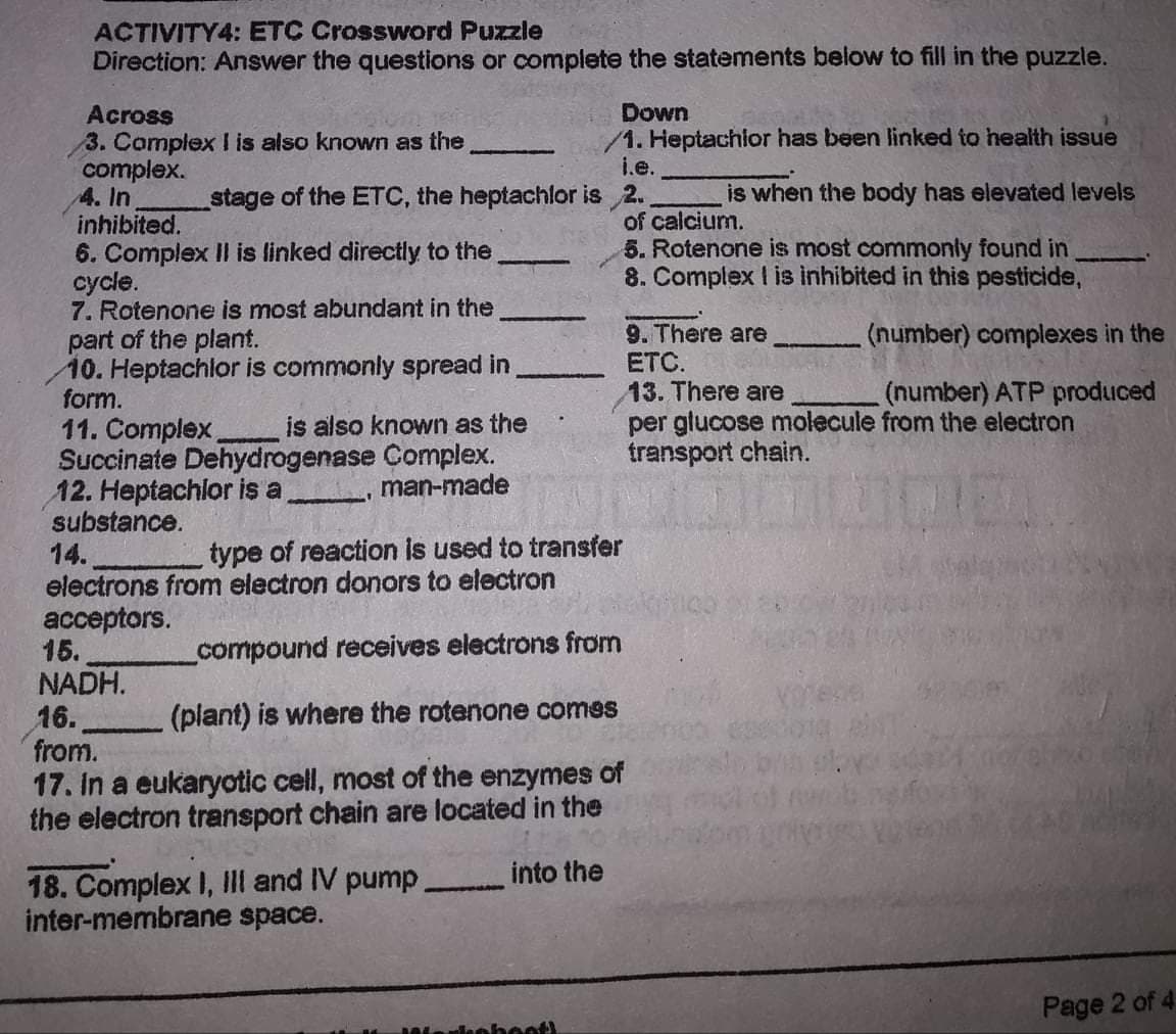 ACTIVITY4: ETC Crossword Puzzle
Direction: Answer the questions or complete the statements below to fill in the puzzle.
Down
/1. Heptachior has been linked to health issue
i.e.
Across
3. Complex I is also known as the
complex.
4. In
inhibited.
6. Complex II is linked directly to the
cycle.
7. Rotenone is most abundant in the
part of the plant.
10. Heptachlor is commonly spread in
form.
-
stage of the ETC, the heptachlor is 2.
is when the body has elevated levels
of calcium.
5. Rotenone is most commonly found in
8. Complex I is inhibited in this pesticide,
9. There are
ETC.
13. There are
per glucose molecule from the electron
transport chain.
(number) complexes in the
(number) ATP produced
is also known as the
11. Complex,
Succinate Dehydrogenase Complex.
12. Heptachlor is a
substance.
14.
electrons from electron donors to electron
аcсeptors.
15.
NADH.
16.
from.
man-made
type of reaction is used to transfer
compound receives electrons from
(plant) is where the rotenone comes
17. In a eukaryotic cell, most of the enzymes of
the electron transport chain are located in the
into the
18. Complex I, Ill and IV pump.
inter-membrane space.
Page 2 of 4
obent
