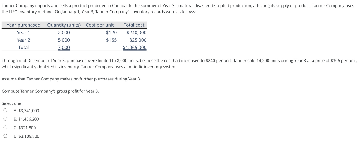 Tanner Company imports and sells a product produced in Canada. In the summer of Year 3, a natural disaster disrupted production, affecting its supply of product. Tanner Company uses
the LIFO inventory method. On January 1, Year 3, Tanner Company's inventory records were as follows:
Year purchased Quantity (units) Cost per unit
Year 1
$120
Year 2
$165
Total
Through mid December of Year 3, purchases were limited to 8,000 units, because the cost had increased to $240 per unit. Tanner sold 14,200 units during Year 3 at a price of $306 per unit,
which significantly depleted its inventory. Tanner Company uses a periodic inventory system.
Assume that Tanner Company makes no further purchases during Year 3.
Compute Tanner Company's gross profit for Year 3.
Select one:
2,000
5,000
7,000
O
A. $3,741,000
B. $1,456,200
C. $321,800
D. $3,109,800
Total cost
$240,000
825,000
$1,065,000