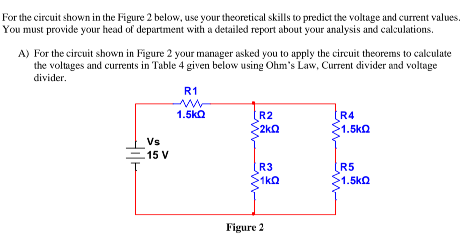 For the circuit shown in the Figure 2 below, use your theoretical skills to predict the voltage and current values.
You must provide your head of department with a detailed report about your analysis and calculations.
A) For the circuit shown in Figure 2 your manager asked you to apply the circuit theorems to calculate
the voltages and currents in Table 4 given below using Ohm's Law, Current divider and voltage
divider.
R1
1.5kQ
R2
R4
2kQ
1.5kQ
Vs
=15 V
R5
>1.5kQ
R3
1kQ
Figure 2
