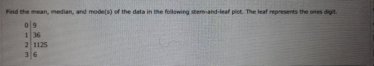 Find the mean, median, and mode(s) of the data in the following stem-and-leaf plot. The leaf represents the ones digit.
136
2 1125
36
