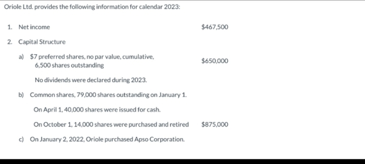 Oriole Ltd. provides the following information for calendar 2023:
1. Net income
2. Capital Structure
a) $7 preferred shares, no par value, cumulative,
6,500 shares outstanding
No dividends were declared during 2023.
b) Common shares, 79,000 shares outstanding on January 1.
On April 1, 40,000 shares were issued for cash.
On October 1, 14,000 shares were purchased and retired
c) On January 2, 2022, Oriole purchased Apso Corporation.
$467,500
$650,000
$875,000