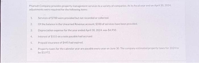 Pharoah Company provides property management services to a variety of companies. At its fiscal year end on April 30, 2024,
adjustments were required for the following items:
1.
2.
3.
4:
5.
6.
Services of $700 were provided but not recorded or collected.
Of the balance in the Unearned Revenue account. $330 of services have been provided.
Depreciation expense for the year ended April 30, 2024, was $4,950.
Interest of $555 on a note payable had accrued.
Prepaid insurance of $445 had expired.
Property taxes for the calendar year are payable every year on June 30. The company estimated property taxes for 2024 to
be $3,972.