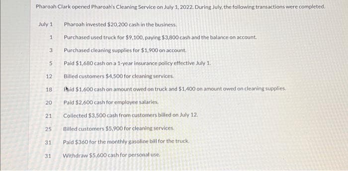 Pharoah Clark opened Pharoah's Cleaning Service on July 1, 2022. During July, the following transactions were completed.
Pharoah invested $20,200 cash in the business.
Purchased used truck for $9.100, paying $3,800 cash and the balance on account.
Purchased cleaning supplies for $1,900 on account.
Paid $1,680 cash on a 1-year insurance policy effective July 1.
Billed customers $4,500 for cleaning services.
Paid $1,600 cash on amount owed on truck and $1,400 on amount owed on cleaning supplies.
20 Paid $2,600 cash for employee salaries.
Collected $3,500 cash from customers billed on July 12.
Billed customers $5,900 for cleaning services.
Paid $360 for the monthly gasoline bill for the truck.
Withdraw $5,600 cash for personal use.
July 1
1
3
5
12
18
222
21
25
31
31