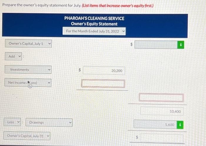 Prepare the owner's equity statement for July. (List Items that increase owner's equity first.)
PHAROAH'S CLEANING SERVICE
Owner's Equity Statement
For the Month Ended July 31, 2022
Owner's Capital, July 1
Add v
Investments
Net Income/oss)
Less : Drawings
Owner's Capital, July 31
$
20,200
MI
10,400
5,600