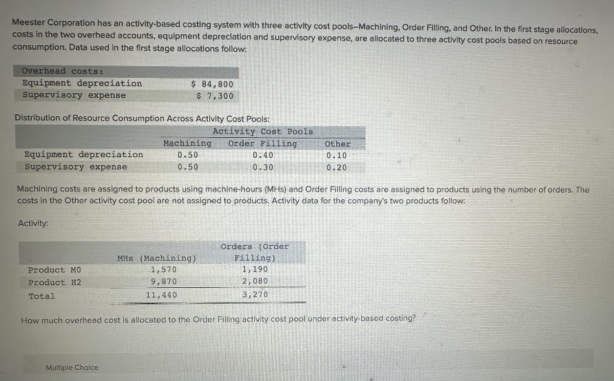 Meester Corporation has an activity-based costing system with three activity cost pools-Machining, Order Filling, and Other. In the first stage allocations,
costs in the two overhead accounts, equipment depreciation and supervisory expense, are allocated to three activity cost pools based on resource
consumption. Data used in the first stage allocations follow:
Overhead costs:
Equipment depreciation
Supervisory expense
$ 84,800
$ 7,300
Distribution of Resource Consumption Across Activity Cost Pools:
Equipment depreciation
Supervisory expense
Activity Cost Pools
Machining Order Filling
Other
0.50
0.50
0:40
0.30
0.10
0.20
Machining costs are assigned to products using machine-hours (MHS) and Order Filling costs are assigned to products using the number of orders. The
costs in the Other activity cost pool are not assigned to products. Activity data for the company's two products follow:
Activity:
Orders (Order
MHS (Machining)
Filling)
Product MO
Product H2
1,570
1,190
9,870
2,080
Total
11,440
3,270
How much overhead cost is allocated to the Order Filling activity cost pool under activity-based costing?
Multiple Choice