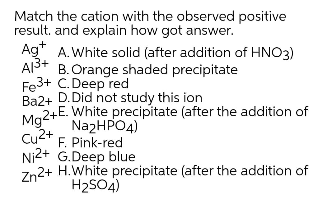 Match the cation with the observed positive
result. and explain how got answer.
Ag A.White solid (after addition of HNO3)
Als+ B. Orange shaded precipitate
Fe3+ C.Deep red
Ba2+ D.Did not study this ion
E. White precipitate (after the addition of
Mg2+E.
Cu2+
Na2HPO4)
F. Pink-red
Ni2+ G.Deep blue
Zn2+ H.White precipitate (after the addition of
H2SO4)
