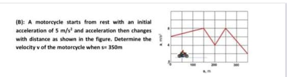 (B): A motorcycle starts from rest with an initial
acceleration of 5 m/s and acceleration then changes
with distance as shown in the figure. Determine the
velocity v of the motorcycle when s= 350m
