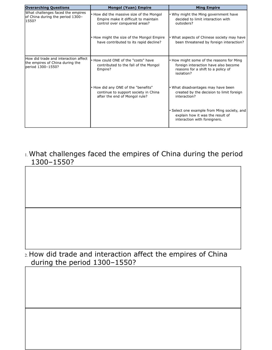 Overarching Questions
What challenges faced the empires
of China during the period 1300-
1550?
Mongol (Yuan) Empire
Ming Empire
How did the massive size of the Mongol
Empire make it difficult to maintain
control over conquered areas?
Why might the Ming government have
decided to limit interaction with
outsiders?
• How might the size of the Mongol Empire
•What aspects of Chinese society may have
have contributed to its rapid decline?
been threatened by foreign interaction?
How did trade and interaction affect . How could ONE of the "costs" have
the empires of China during the
period 1300-1550?
• How might some of the reasons for Ming
foreign interaction have also become
reasons for a shift to a policy of
isolation?
contributed to the fall of the Mongol
Empire?
|· How did any ONE of the "benefits"
continue to support society in China
after the end of Mongol rule?
• What disadvantages may have been
created by the decision to limit foreign
interaction?
Select one example from Ming society, and
explain how it was the result of
interaction with foreigners.
1. What challenges faced the empires of China during the period
1300-1550?
2. How did trade and interaction affect the empires of China
during the period 1300-1550?
