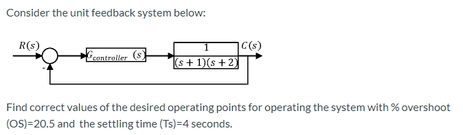 Consider the unit feedback system below:
R(s)
C(s)
Gcantraller
(s)
(s+ 1)(s +2}
Find correct values of the desired operating points for operating the system with % overshoot
(OS)=20.5 and the settling time (Ts)=4 seconds.
