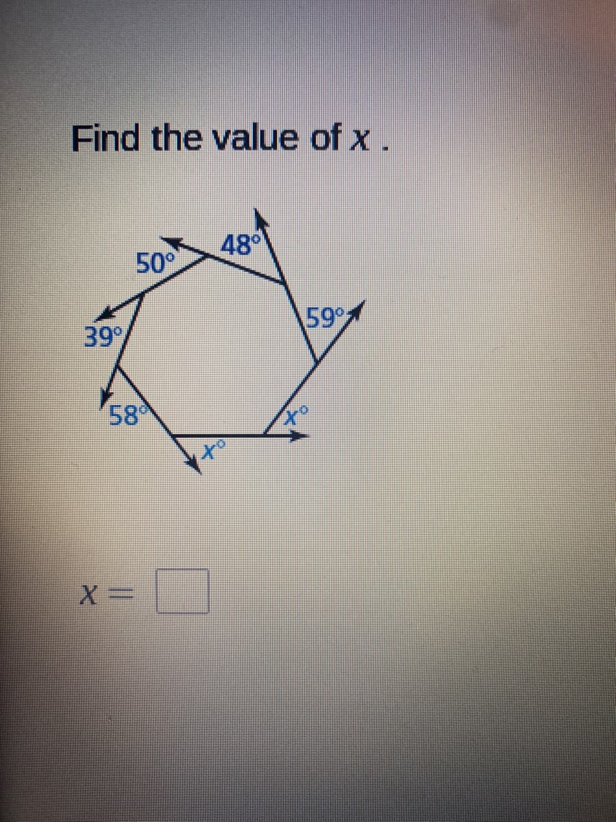 Find the value of x.
48
50°
39
599
58
to
