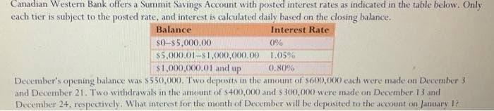 Canadian Western Bank offers a Summit Savings Account with posted interest rates as indicated in the table below. Only
each tier is subject to the posted rate, and interest is calculated daily based on the closing balance.
Balance
Interest Rate
$0-$5,000.00
0%
1.05%
$5,000.01-$1,000,000.00
$1,000,000.01 and up
0.80%
December's opening balance was $550,000. Two deposits in the amount of $600,000 each were made on December 3
and December 21. Two withdrawals in the amount of $400,000 and $300,000 were made on December 13 and
December 24, respectively. What interest for the month of December will be deposited to the account on January 1?