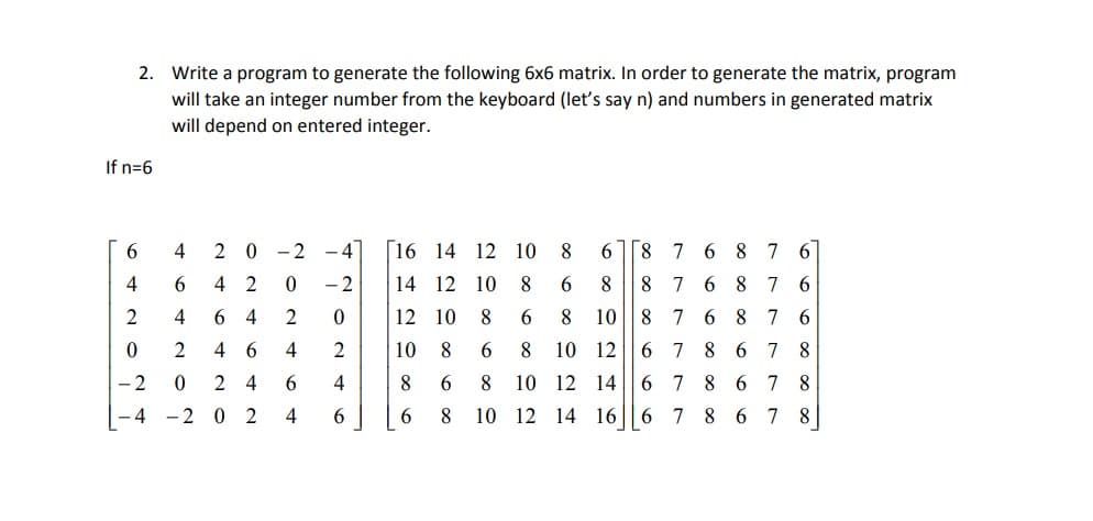 2. Write a program to generate the following 6x6 matrix. In order to generate the matrix, program
will take an integer number from the keyboard (let's say n) and numbers in generated matrix
will depend on entered integer.
If n=6
6.
2 0 -2 - 4
[16 14 12 10
8
6.
8 7 6 8 7 6
14 12 10 8
8 7 6 8 7 6
8 7 6 8 7 6
6 7 8 6 7 8
4
6.
4 2
- 2
6.
8.
2
4
6 4
2
12 10
10
2
4 6
4
10 8
8
10 12
|- 2
2 4
6.
4
8
8.
10
12 14
6 7 8 6 7
8
-4 -2 0 2
4
10 12
14 16||6 7 8 6 7 8
