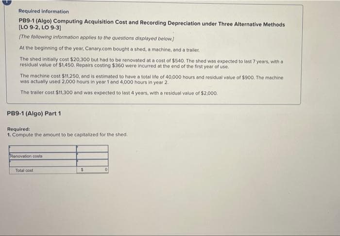 Required information
PB9-1 (Algo) Computing Acquisition Cost and Recording Depreciation under Three Alternative Methods
(LO 9-2, LO 9-3)
(The following information applies to the questions displayed below.)
At the beginning of the year, Canary.com bought a shed, a machine, and a trailer.
The shed initially cost $20,300 but had to be renovated at a cost of $540. The shed was expected to last 7 years, with a
residual value of $1,450. Repairs costing $360 were incurred at the end of the first year of use.
The machine cost $11,250, and is estimated to have a total life of 40,000 hours and residual value of $900. The machine
was actually used 2,000 hours in year 1 and 4,000 hours in year 2.
The trailer cost $11,300 and was expected to last 4 years, with a residual value of $2,000.
PB9-1 (Algo) Part 1
Required:
1. Compute the amount to be capitalized for the shed.
Renovation costs
Total cost
