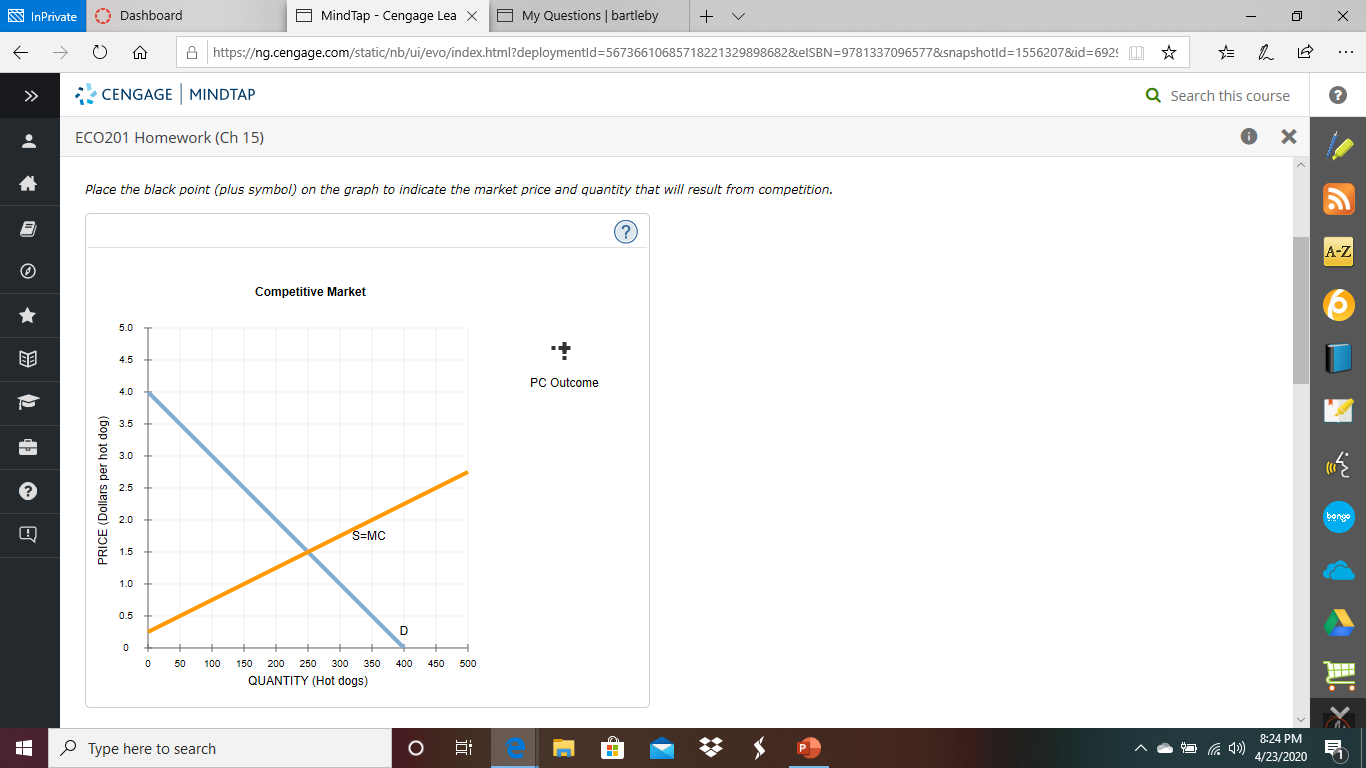 S InPrivate
A Dashboard
MindTap - Cengage Lea X a My Questions | bartleby
A https://ng.cengage.com/static/nb/ui/evo/index.html?deploymentld=56736610685718221329898682&elSBN=9781337096577&snapshotld=1556207&id%3692! O *
...
CENGAGE MINDTAP
Q Search this course
ECO201 Homework (Ch 15)
Place the black point (plus symbol) on the graph to indicate the market price and quantity that will result from competition.
A-Z
Competitive Market
5.0
4.5
PC Outcome
4.0
3.5
3.0
2.5
2.0
bengo
S=MC
1.5
1.0
0.5
50
100
150
200
250
300
350
400
450
500
QUANTITY (Hot dogs)
8:24 PM
P Type here to search
4/23/2020
PRICE (Dollars per hot dog)
