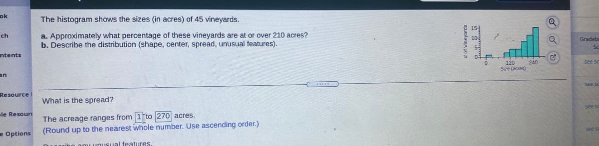 ok
The histogram shows the sizes (in acres) of 45 vineyards.
a. Approximately what percentage of these vineyards are at or over 210 acres?
b. Describe the distribution (shape, center, spread, unusual features).
uch
10
Gradebe
Sc
ntents
120
240
see sc
Size (acres)
an
see sc
臺賽臺臺 王
Resource I
What is the spread?
The acreage ranges from 1 to 270 acres.
(Round up to the nearest whole number. Use ascending order.)
le Resour
see so
e Options
ibo any unusual features.
